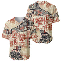 Beige baseball jersey with red, black, and floral tribal patchwork design, short sleeves