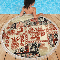 Beige round beach blanket with red, black animal and floral tribal patchwork and fringe
