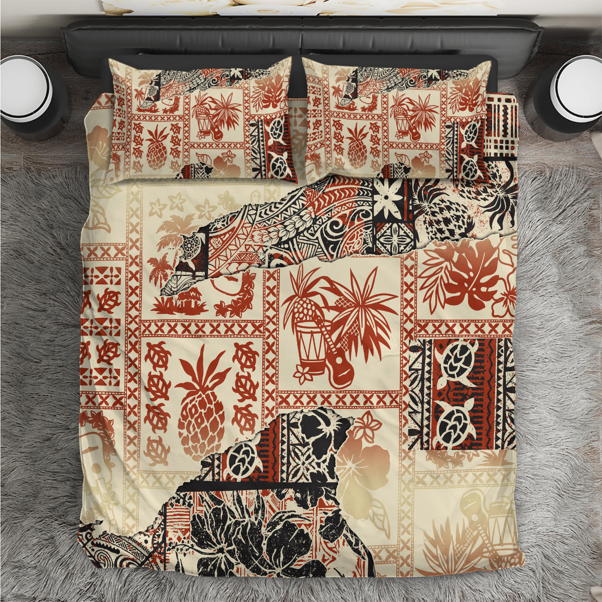 Beige bedding set with red and black tribal animal and pineapple pattern, matching pillowcases