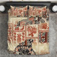 Beige bedding set with red and black tribal animal and pineapple pattern, matching pillowcases