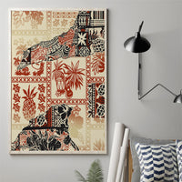 Beige tribal pattern canvas wall art with birds, leaves, and geometric blocks in red and black
