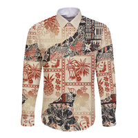 Beige long-sleeve button shirt with red and black tribal patchwork pattern