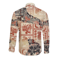 Beige long-sleeve button shirt, back view, red and black tribal pattern