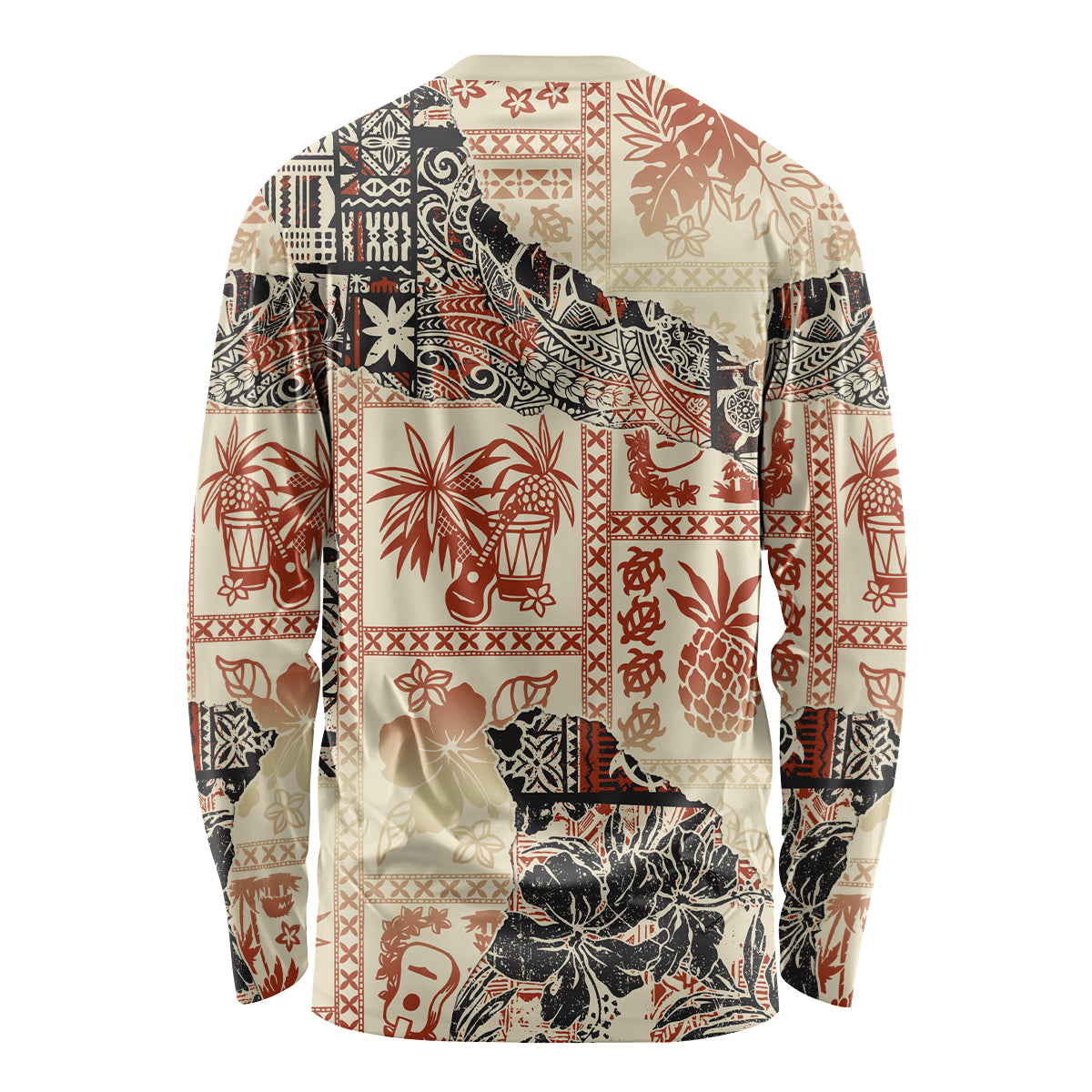 Back of beige long-sleeve crew shirt with colorful tribal and island print