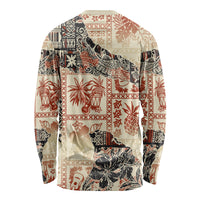 Back of beige long-sleeve crew shirt with colorful tribal and island print
