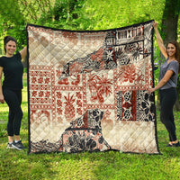 Large beige aloha tribal quilt with red and black animal and floral block patterns