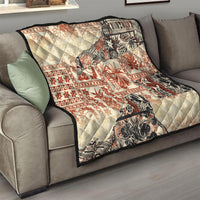 Beige aloha tribal throw quilt with red and black patterned blocks and white diamond quilting