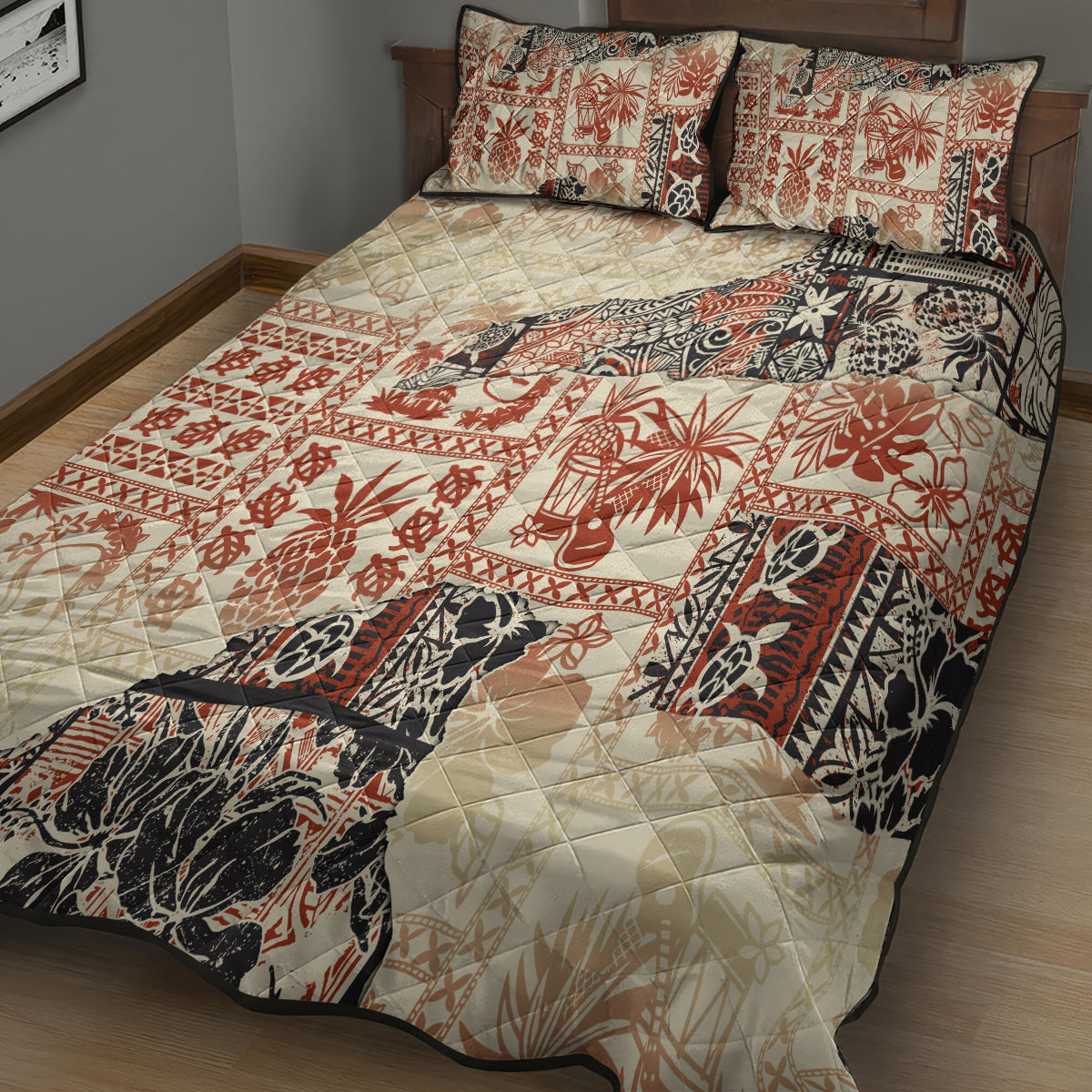 Beige quilt bed set with red pineapple and floral tribal print, plus two matching pillow covers