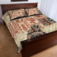 Beige quilt bed set with red and black tropical tribal patchwork and two matching pillow covers