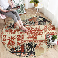 Beige round rug with red lantern and floral tribal motifs, black accents