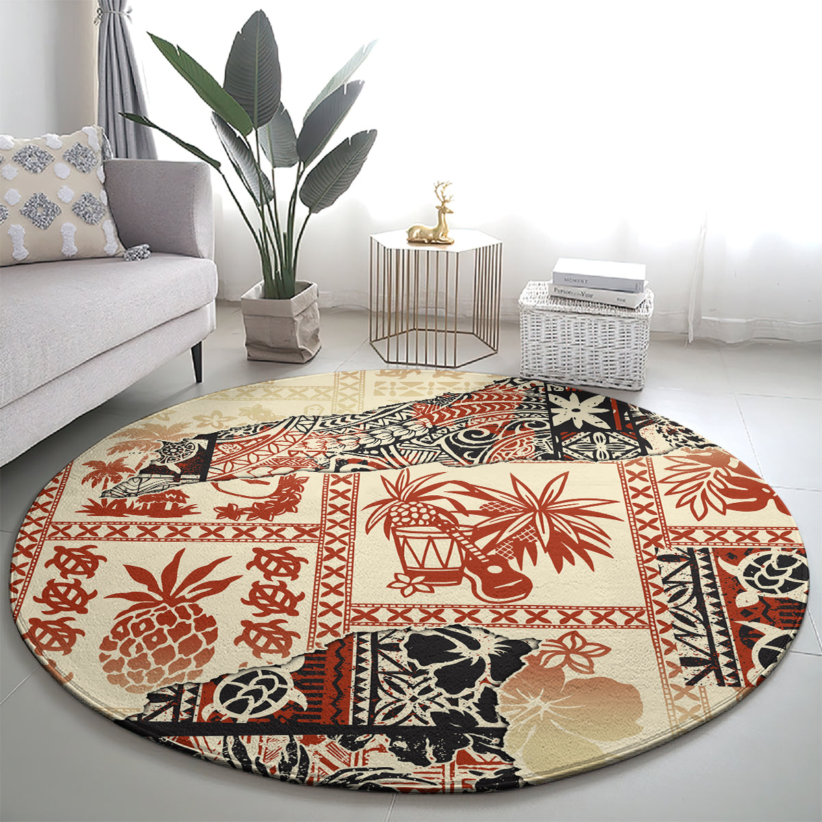 Beige circular rug with red, black, and cream tribal pattern, rounded edges
