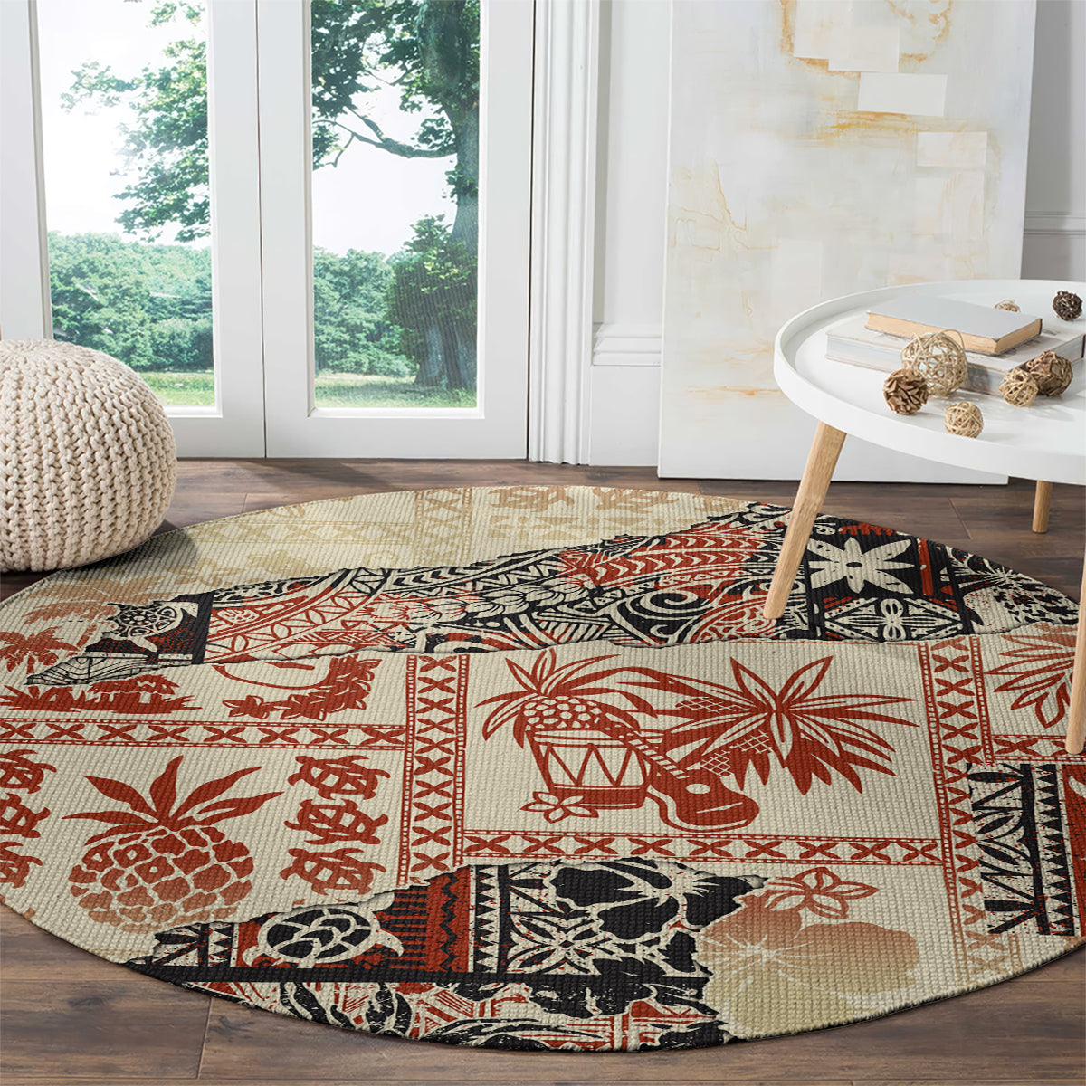 Beige round carpet with red and black tropical tribal print, wide border panels