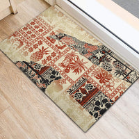 Rectangular beige rubber doormat with red and black tropical tribal print