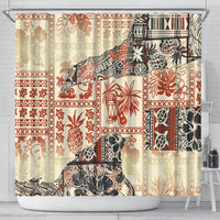 Beige shower curtain with colorful tribal patchwork and animal motifs