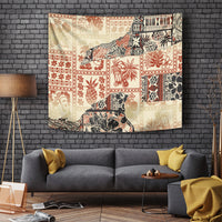 Beige Hawaii tapestry with tribal patchwork pattern in red, black, and cream tones