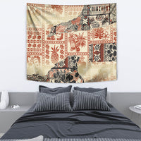 Beige Hawaii tapestry with red, black, and cream tribal patchwork design