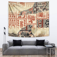 Beige Hawaii tapestry with tribal patchwork art in red, black, and warm cream