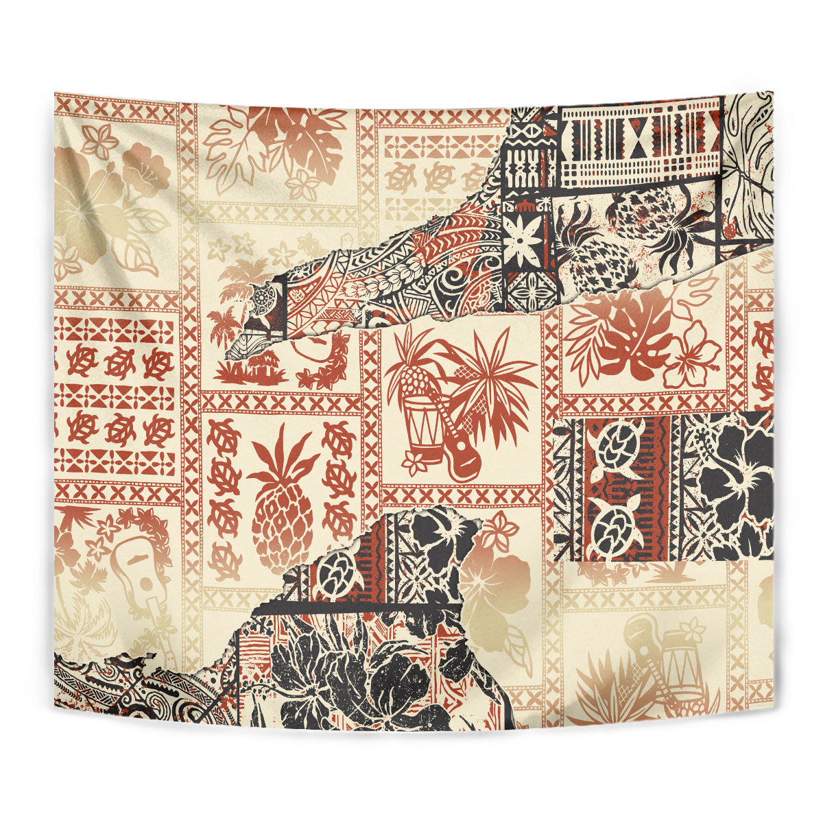 Beige Hawaii tapestry with detailed tribal patchwork—animals, flowers, and geometric motifs