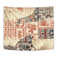 Beige Hawaii tapestry with detailed tribal patchwork—animals, flowers, and geometric motifs