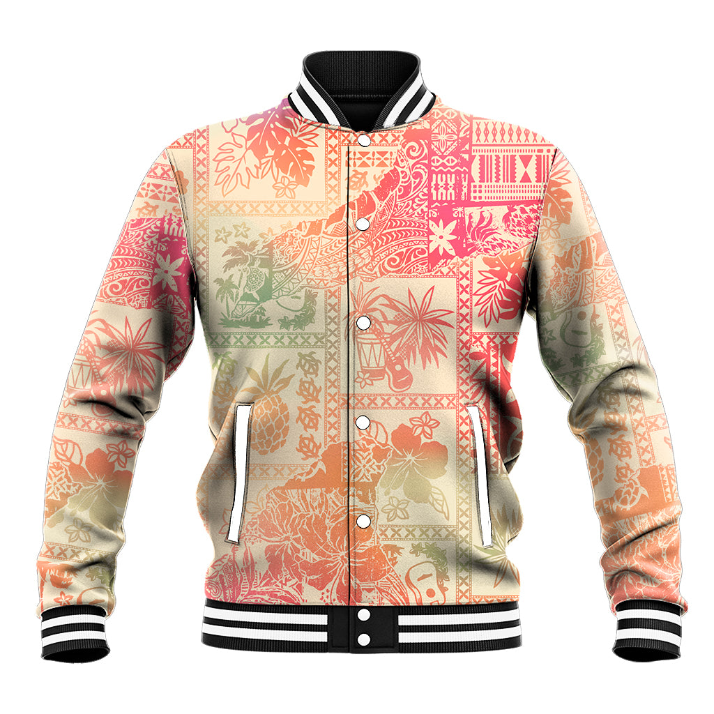 Pink ombre baseball jacket with tribal patchwork, front button placket and striped cuffs