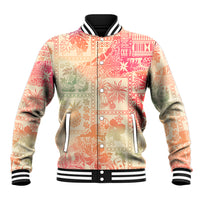 Pink ombre baseball jacket with tribal patchwork, front button placket and striped cuffs