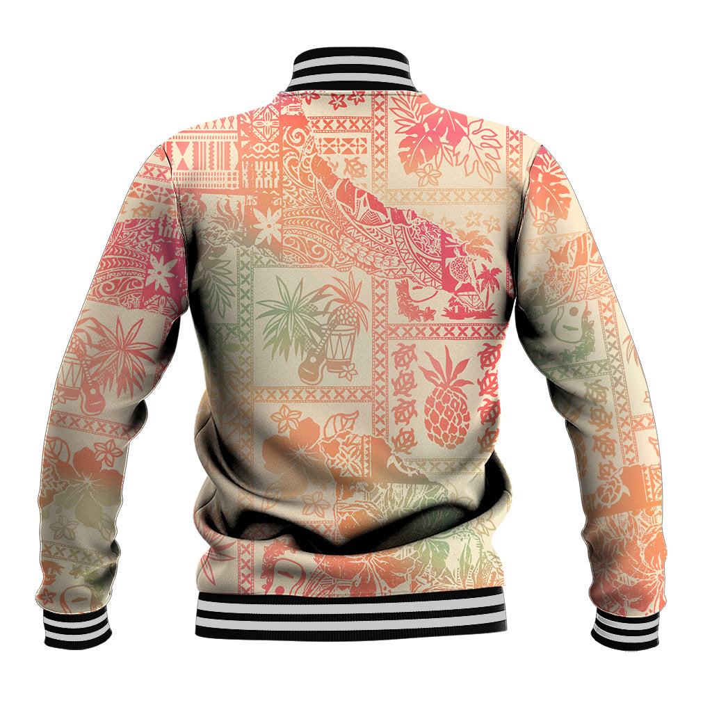 Pink ombre baseball jacket, back view with tribal patchwork and striped collar hem