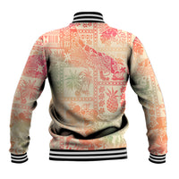 Pink ombre baseball jacket, back view with tribal patchwork and striped collar hem