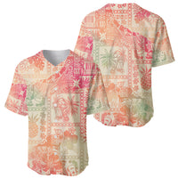Pink baseball jersey with Aloha tribal patchwork floral print and ombre, short sleeves