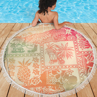 Round beach blanket with fringe, pink ombre tropical tribal print with leaves and fruit motifs