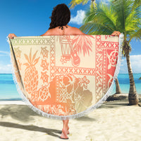 Round beach blanket with fringe, pink ombre tribal pattern with pineapple and tiki motifs