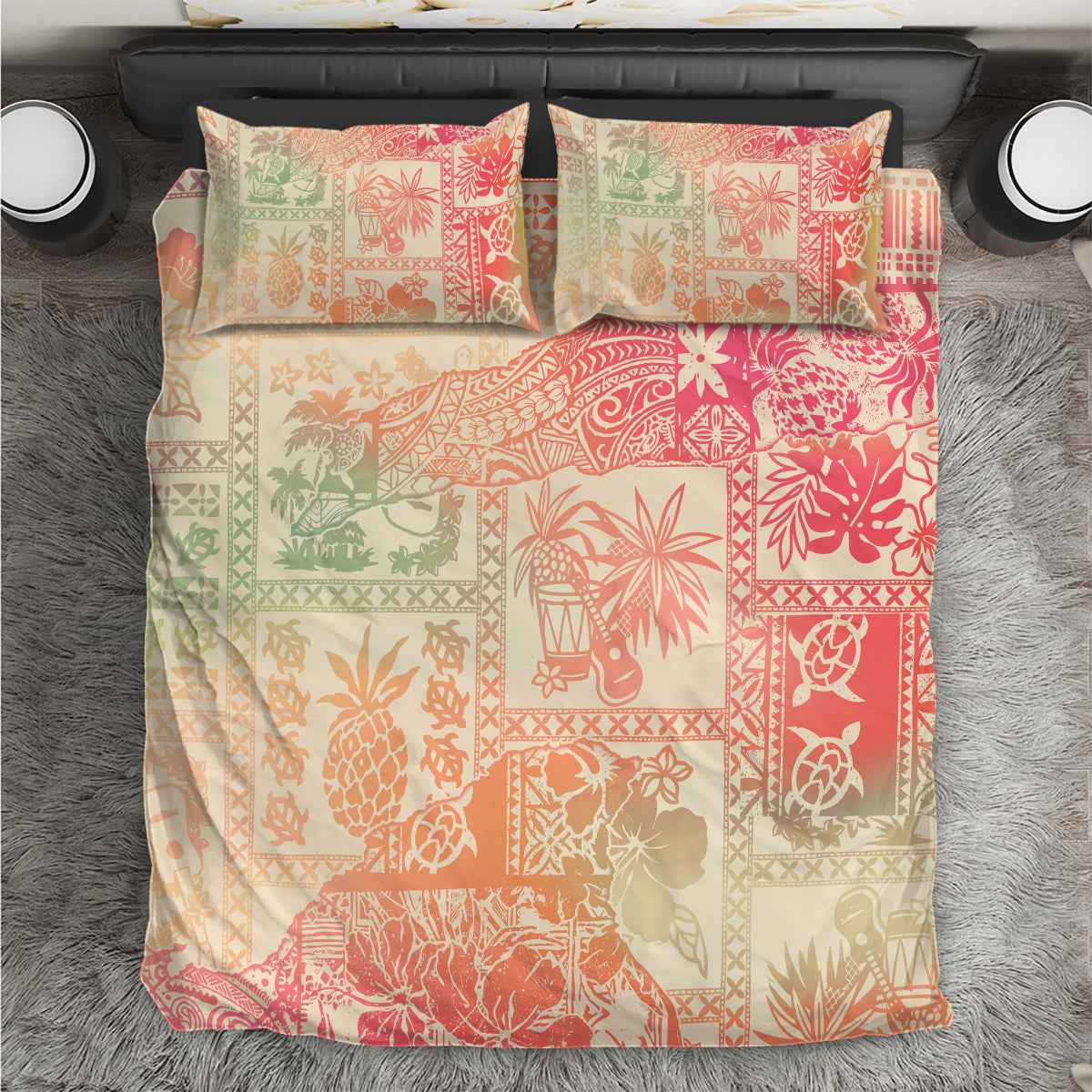Pink tropical patchwork bedding set with two square pillows and fitted duvet
