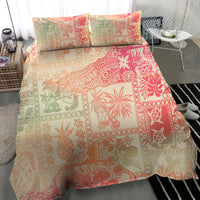 Pink tropical patchwork duvet bedding set with two square pillows, corner view