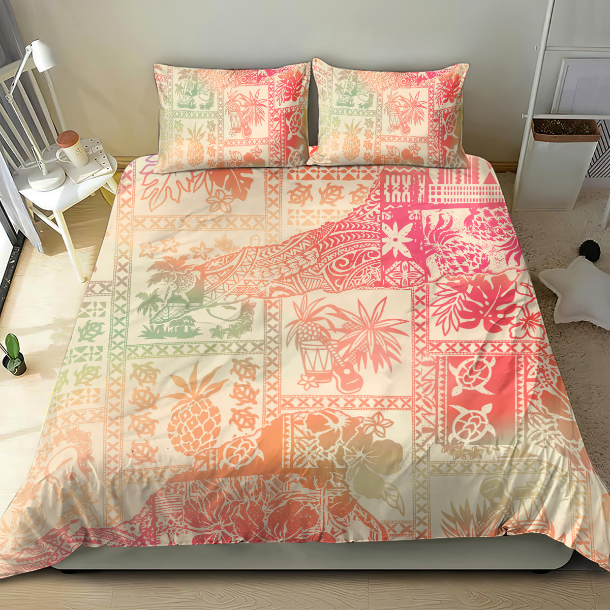 Pink tropical patchwork bedding set with two square pillows and duvet