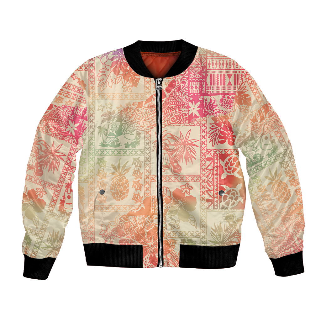 Unisex bomber jacket with pink zip-front and patchwork aloha print, black ribbed cuffs
