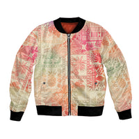 Unisex bomber jacket with pink zip-front and patchwork aloha print, black ribbed cuffs