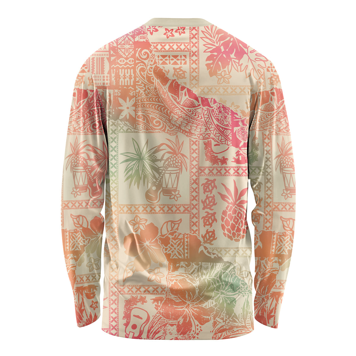 Long sleeve aloha shirt with pink ombre tribal island pattern, crew back view
