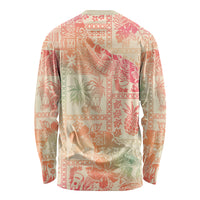 Long sleeve aloha shirt with pink ombre tribal island pattern, crew back view