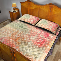 Pink ombre quilt bed set featuring tropical leaf and tribal geometric pattern with pillows