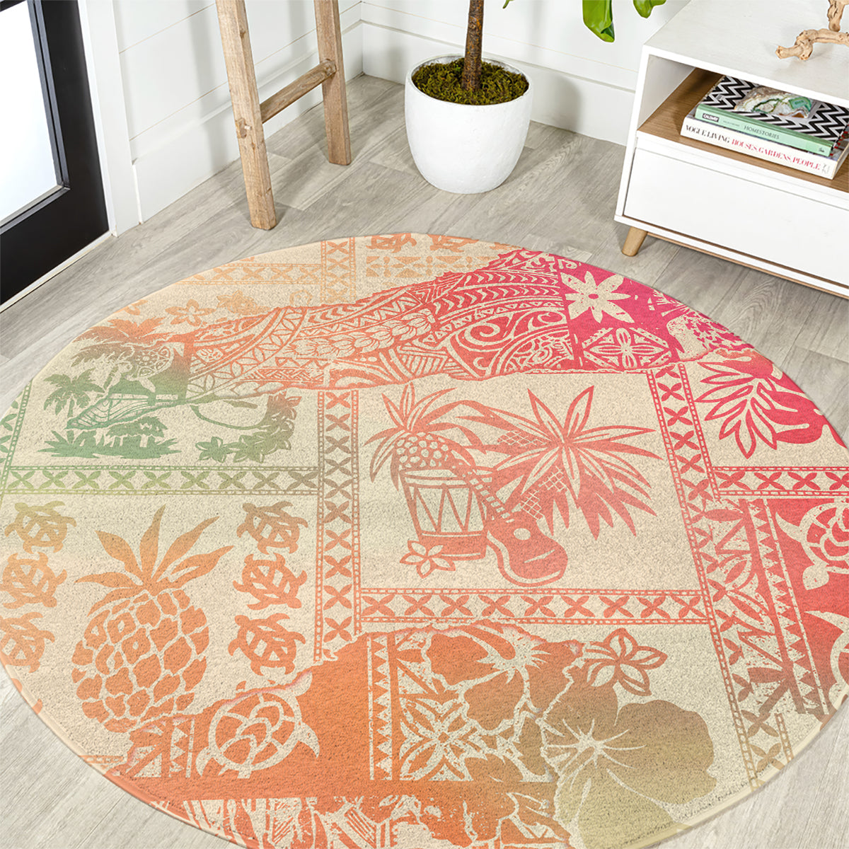 Hawaii round rug with pink ombre tribal island pattern and animal motifs