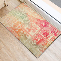 Rectangular rubber doormat with pink ombre tropical patchwork pattern and leaf motifs