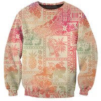 Crewneck sweatshirt with pink, orange, and green tropical tribal patchwork print