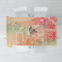 Hawaii tablecloth with pink, orange, and cream tribal leaf pattern