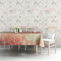 Hawaii tablecloth on long table with pink and cream floral tribal pattern