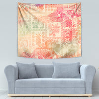 Pink ombre tapestry with large red tribal motif and pastel patchwork square design