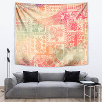 Pink ombre tribal tapestry with scattered animal, plant, and tiki-style silhouette icons