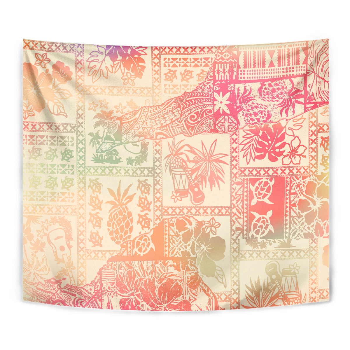 Close-up rectangular tapestry in pink ombre with tribal patchwork squares and silhouettes