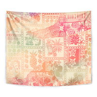 Close-up rectangular tapestry in pink ombre with tribal patchwork squares and silhouettes