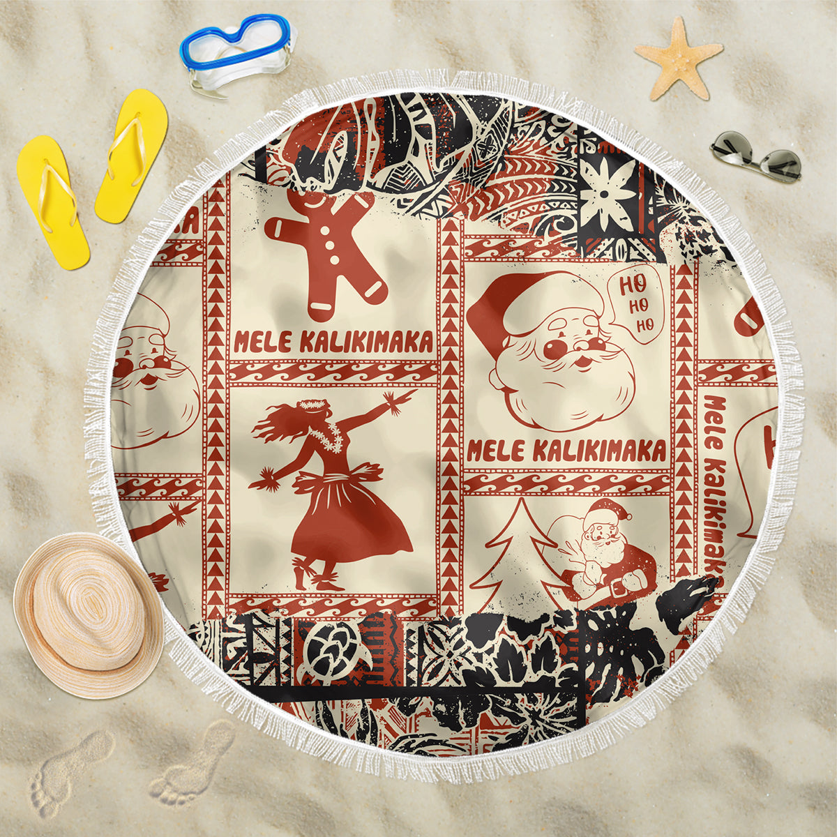 Round beach blanket with fringed edge, red and beige tribal holiday print