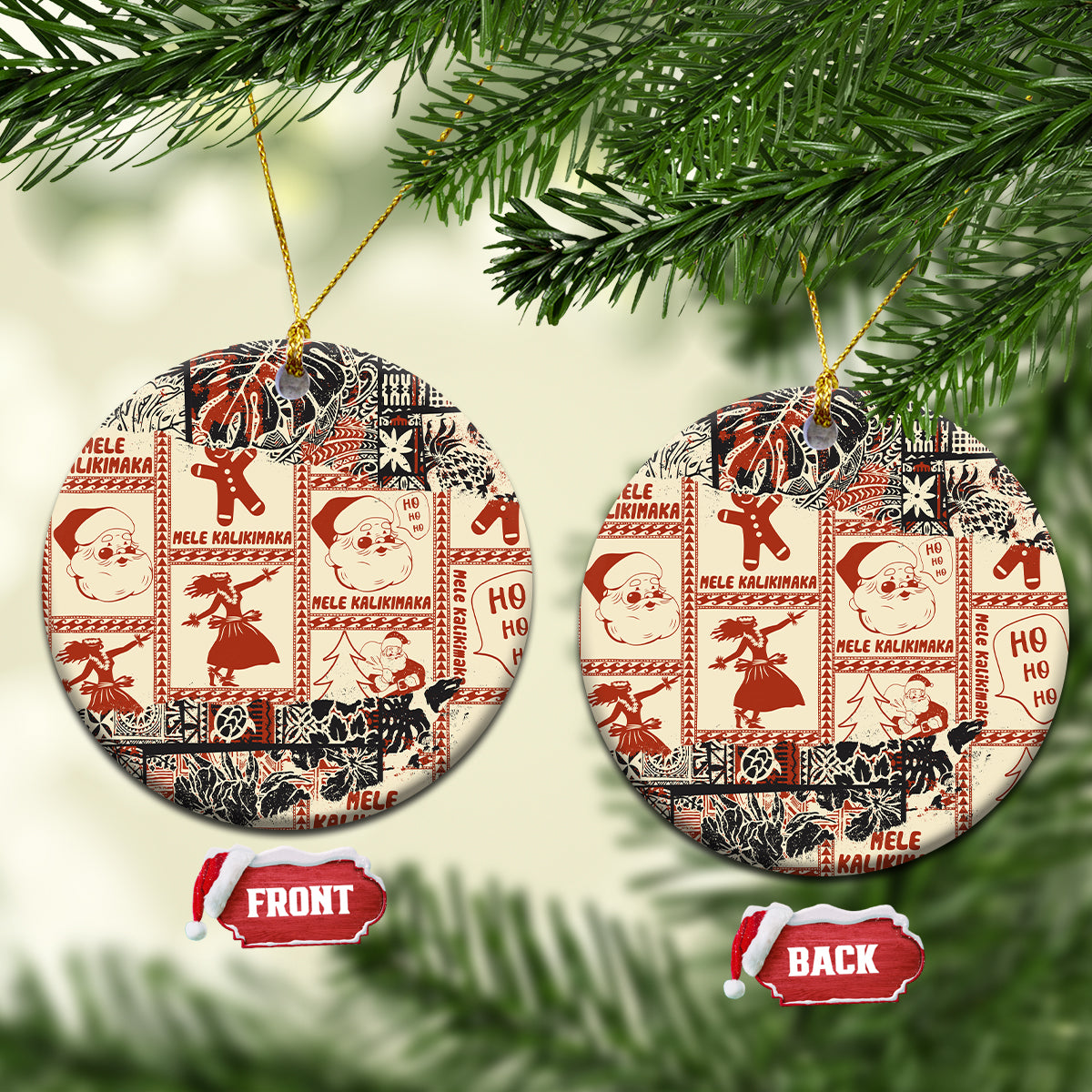 Ceramic Christmas ornament, round shape, red-and-black retro holiday pattern, gold hanger.