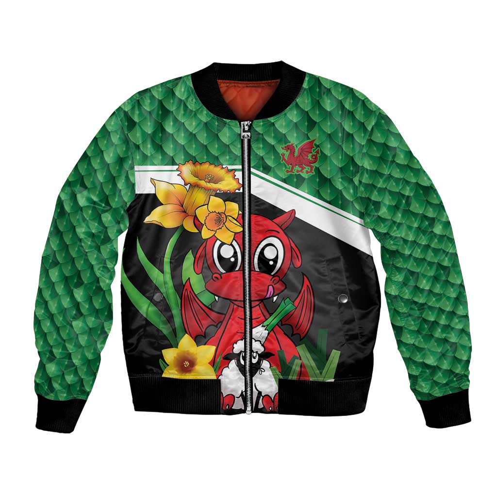 Saint David's Day Personalized Bomber Jacket Green Welsh Dragon Daffodil Sheep Leak - Wonder Print Shop
